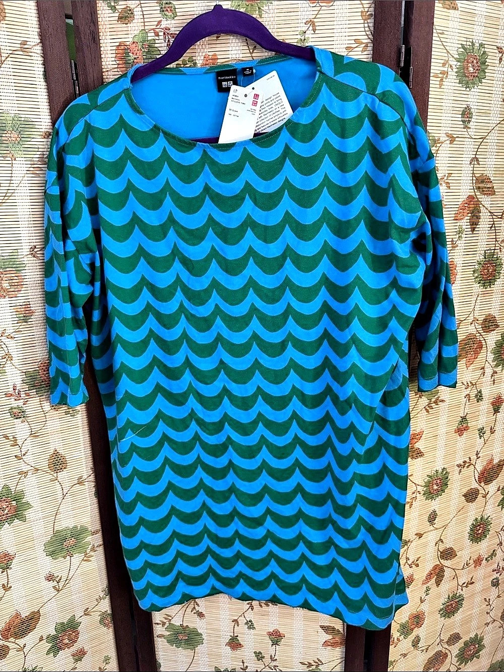 Marimekko X UNIQLO Sleeve Tunic Geometric Cotton Tunic in Blue & Green Size Medi